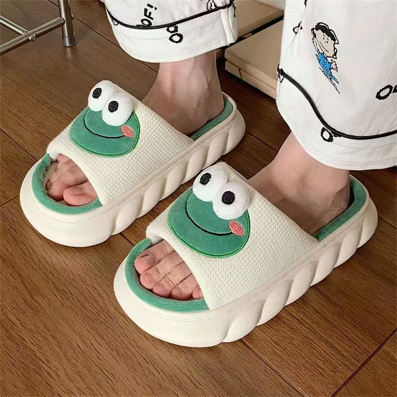 Women'S Slippers Comfortable Soft Thick Sole Four Seasons Indoor Cartoon Frog Linen Slippers anti Slip Couples'S Home Slippers