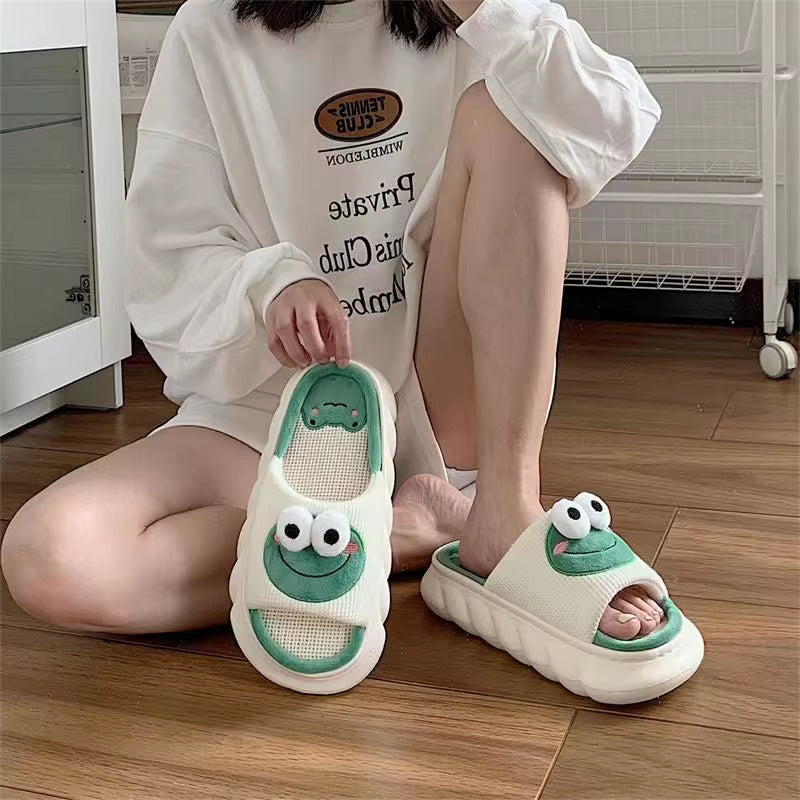 Women'S Slippers Comfortable Soft Thick Sole Four Seasons Indoor Cartoon Frog Linen Slippers anti Slip Couples'S Home Slippers