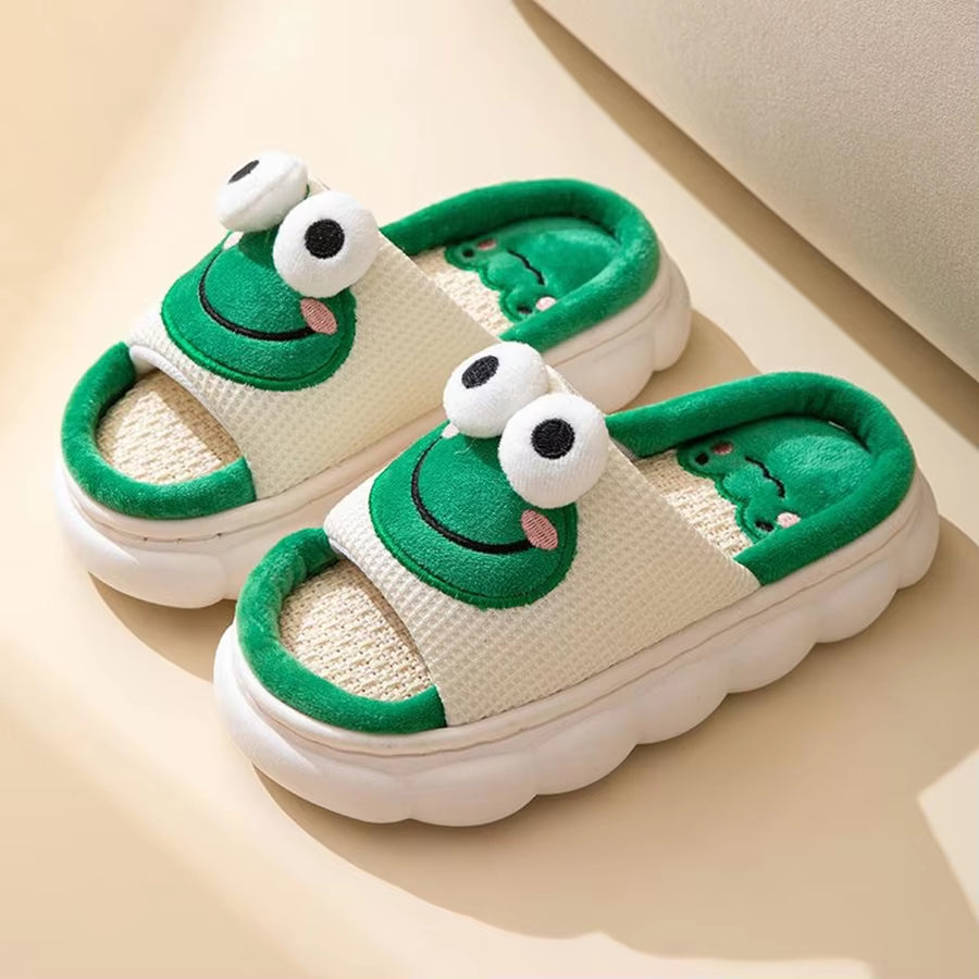 Women'S Slippers Comfortable Soft Thick Sole Four Seasons Indoor Cartoon Frog Linen Slippers anti Slip Couples'S Home Slippers