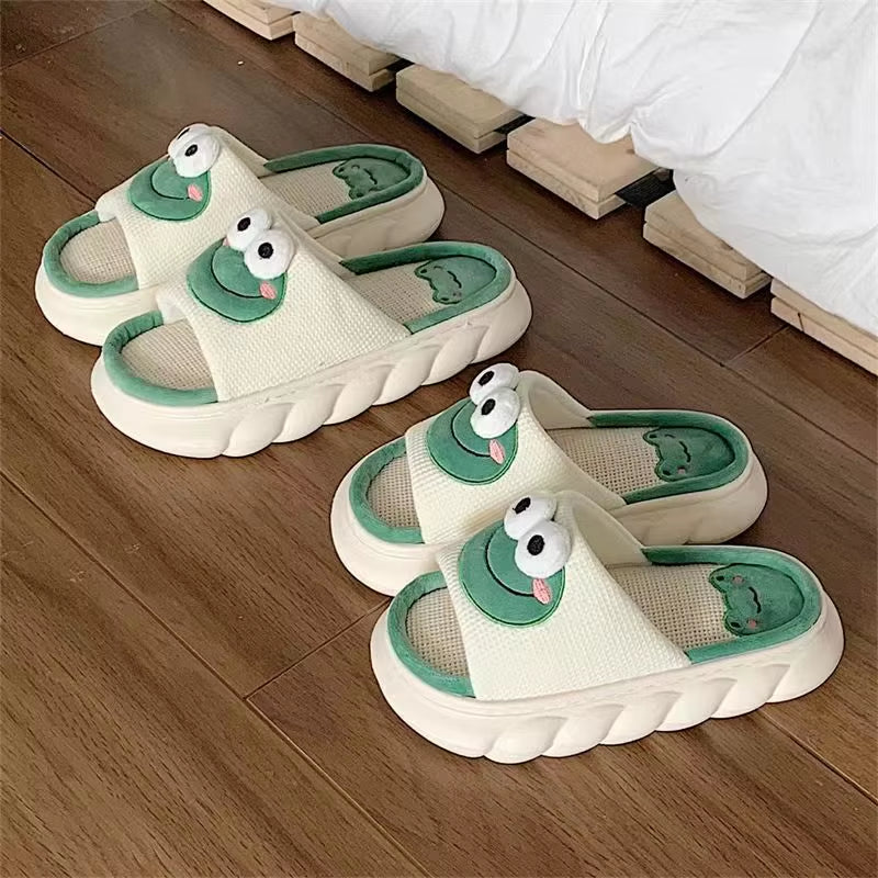 Women'S Slippers Comfortable Soft Thick Sole Four Seasons Indoor Cartoon Frog Linen Slippers anti Slip Couples'S Home Slippers