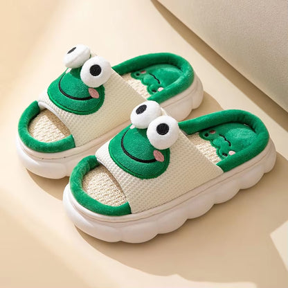Women'S Slippers Comfortable Soft Thick Sole Four Seasons Indoor Cartoon Frog Linen Slippers anti Slip Couples'S Home Slippers
